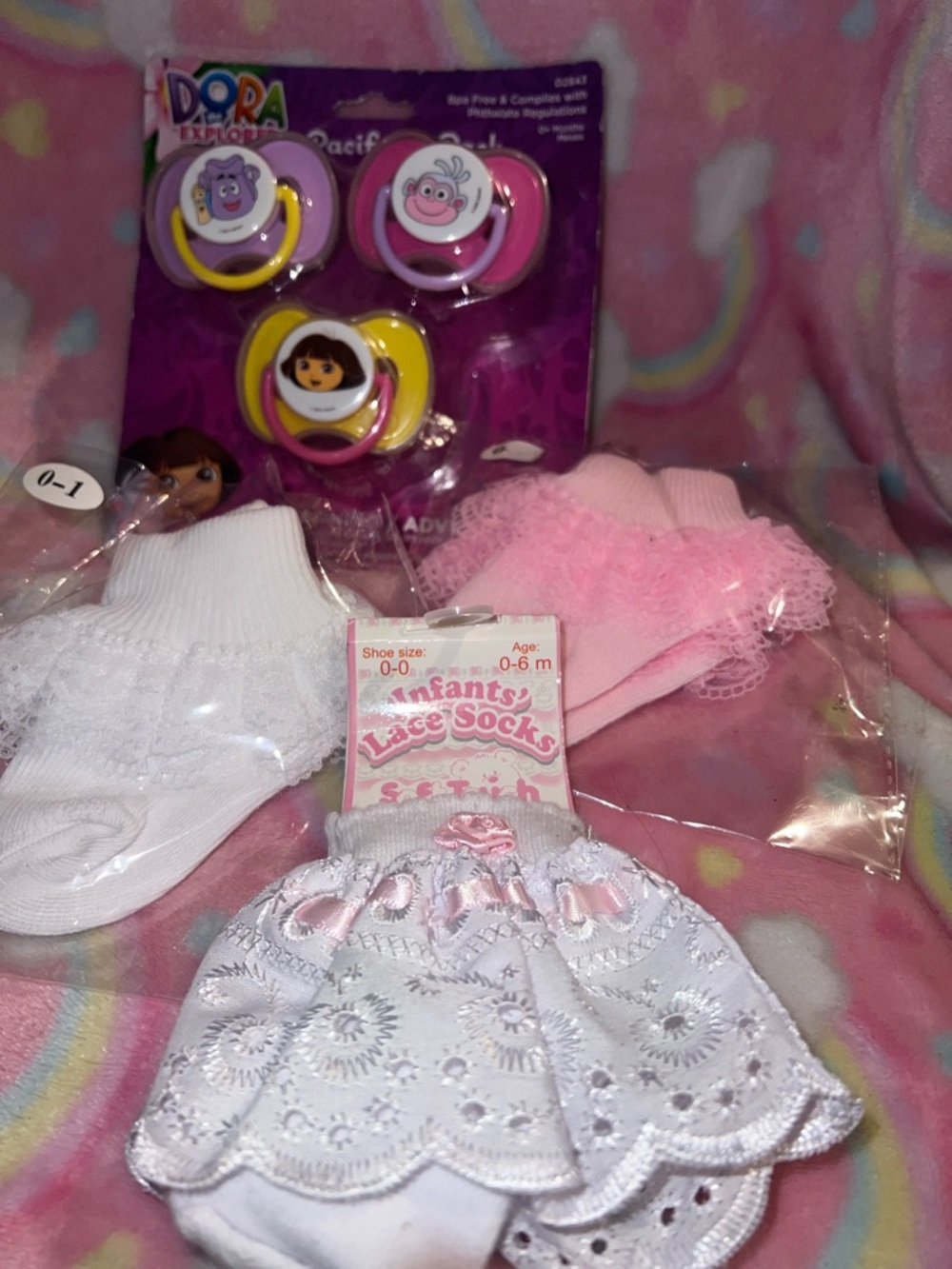Dora the Explorer Pacifier and Infant Lace Socks Set - Pink & White